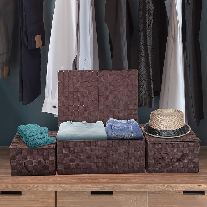 Sorbus Set of 3 Storage Baskets for Organizing with Lid, Mesh Hand-Woven Design, Linen Closet Organizers and Storage, Organizer Storage Baskets for Shelves, Variety Pack Organizers and Storage