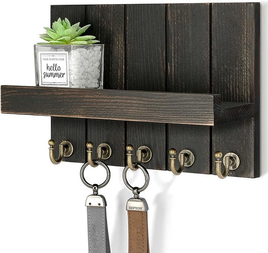 Rebee Vision Key Holder Wall Mount with Shelf for Office, Distressed Black | 3.54'' x 10'' x 7.28'', Pine Wood Construction, Farmhouse Key Holder for Wall, Mail Storage, Compact Space-Saving Design