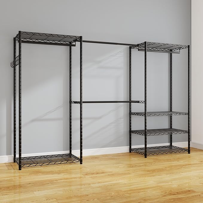 ecobedding Heavy Duty Garment Rack, 1000LBS Max Load Freestanding Closet Organizer with 6 Storage Shelves & 3 Adjustable Hanging Rods, Multifunctional, Glossy Black, 15.75" D x 70-88.5" W x 76.5" H