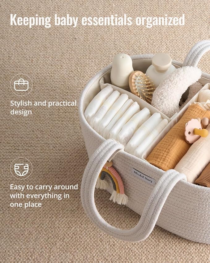 Blissful Diary Baby Diaper Caddy Organizer, Cotton Rope Diaper Caddy Basket, Oval Storage Basket, Gift for Baby Shower, Newborn Essentials, Beige