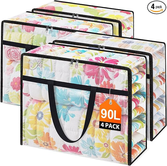 4 Packs 90L Clear Under Bed Storage Containers, Large Clothes Storage Bags | Heavy Duty Large Capacity Foldable Moving Bags with Sturdy Handles, Clothing Organizer Totes for Bedding Comforter Sheet