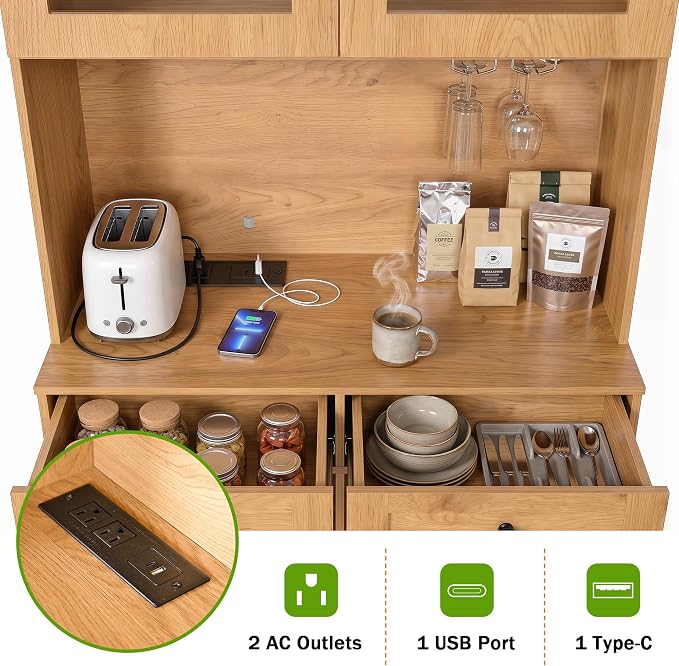Merax 75" Tall Bookcase,Arched Pantry Cabinet with Adjustable Shelves | Farmhouse Bookshelf Coffee Bar with Charging Station Open Countertop for Office,Kitchen,Dining Room,Living Room,Oak