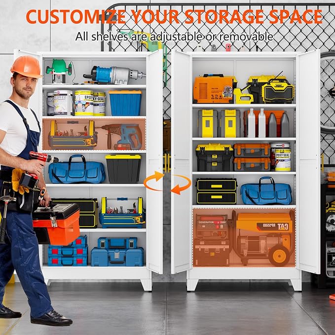 GAIOUS 75'' Tall Metal Garage Storage Cabinet,File Cabinet with 2 Doors and 5 Adjustable Shelves, Outdoor Steel Tool Cabinet for Home,Office,Warehouse,Garage,White