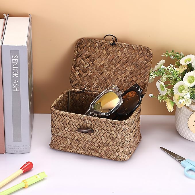 Hipiwe Small Wicker Basket with Lid Woven Seagrass Organizer, 6.1"x 4"x3.3" | Tabletop Desk Basket Holder Key Box for Entryway, Handmade Baskets Storage Bin for Hair Ties Candy