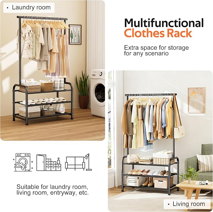 MISSLO Sturdy Clothing Racks for Hanging Clothes with 3 Shelves Garment Rack Heavy Duty Clothes Rack with Shoe Storage for Coats, Garment, Dress, Black