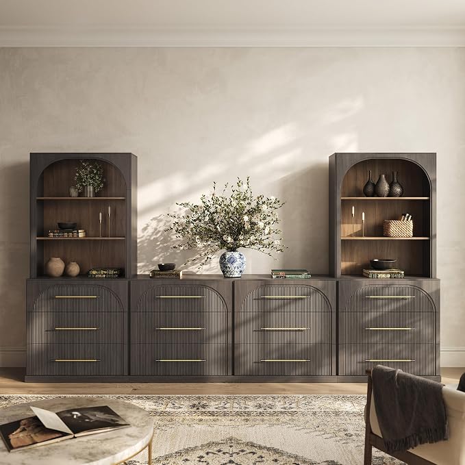 BELLEZE 6-Piece Modular TV Stand Set - 4 Sideboards with Drawers and 2 Storage Hutch, Classic Modern Media Console Table Cabinet for Living Room (Ebony)