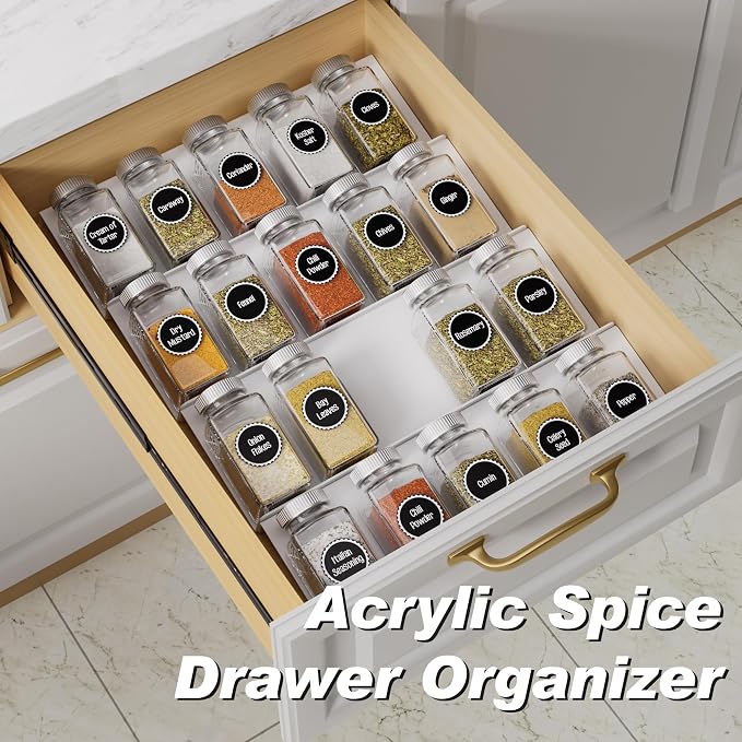 MIUKAA White Acrylic Spice Drawer Organizer, 4 Tier Seasoning Jars Drawers Insert, Kitchen Spice Rack Tray for Drawer/Countertop (Jars not included)