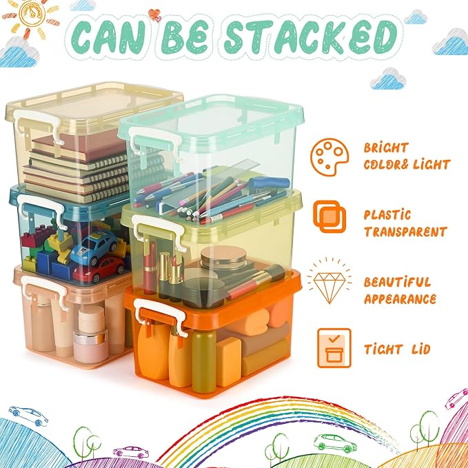 6 Pack Colorful Plastic Storage Bins with Lids 4 Quart Small Storage Latch Box Stackable and Nestable Clear Organizer Bins with Latching Handle and Buckle for Organizing (Pastel)