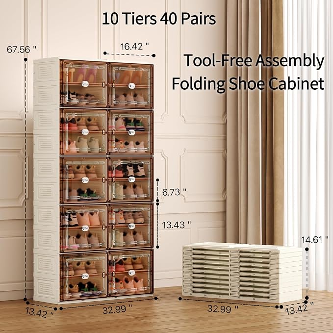 Foldable Shoe Cabinet with Magnetic Clear Doors, Wide Design Shoe Rack for Entryway, Portable Shoe Organizer Meeting Diverse Storage Needs (White, 2Row 10Tier)