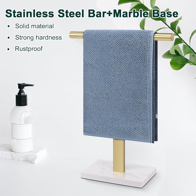 Hand Towel Holder, T-Shape Hand Towel Stand for Bathroom, Hand Towel Rack Bar Standing for Vanity Kitchen Countertop, 304 Stainless Steel, Marble Base (Gold)