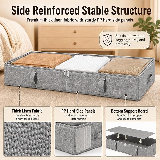 Vailando Storage Containers, 8 Inches Tall 80L Underbed Storage Bins with Sturdy Handles and Sidewalls, Closet Organizer for Clothes, Blankets, Seasonal Items, Light gray, 2-Pack