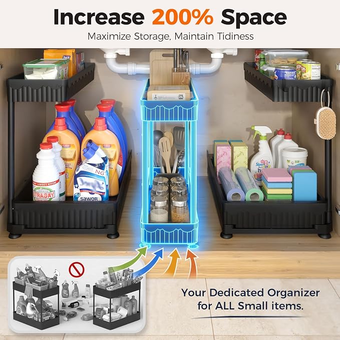 Sevenblue 3 Pack Multi-Purpose Pull-Out Storage Organizers, 2-Tier L-Shaped Under Sink/Cabinet Organizers and Storage for Bathroom & Kitchen, (Black, 12.85 Inches) | Multi-use kitchen & bathroom storage, 12.85 inch black cabinet organizer, space-saving...