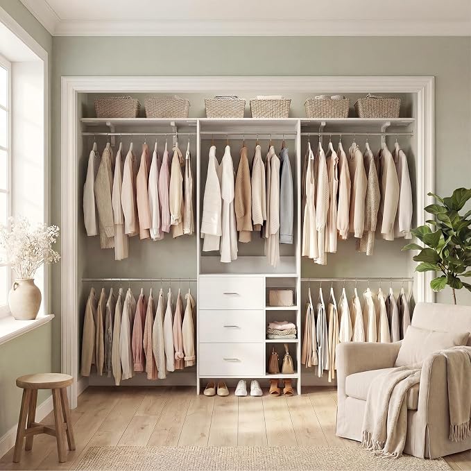 Aheaplus Closet System, Closet Organizer with 3 Wooden Drawers, 8FT Closet Organizer System, 96’’ Walk-in Closet Wardrobe Clothes Rack with Hanging Rods, Garment Rack, Fits 5.3-9 ft, -W3,White