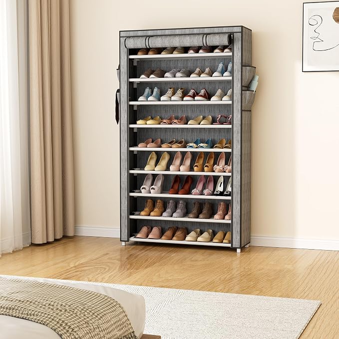 LANTEFUL Shoe Rack with Covers 10 Tier Tall Shoe Rack Organizer Large Capacity Shoe Shelf Storage 40 Pairs Space Saving Free Standing Shoe Storage Organizer for Closet, Entryway, Dorm, Printing