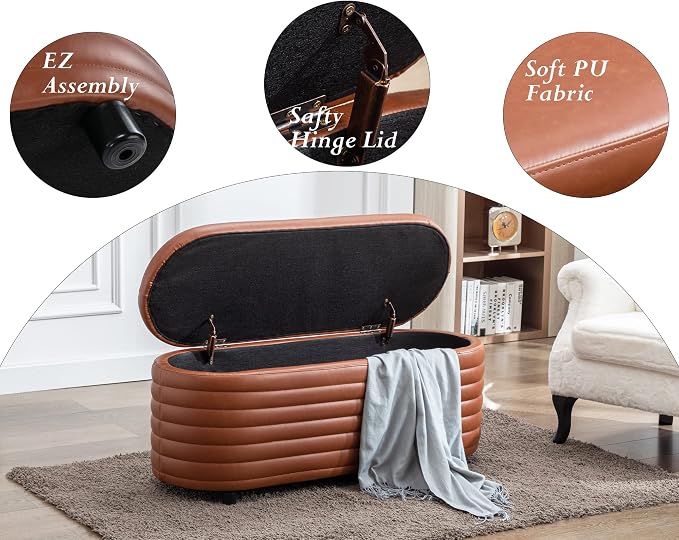Storage Ottoman Bench Upholstered PU Leather End of Bed Stool with Safety Hinge for Bedroom, Living Room, Entryway (45.5-inch, Brown)