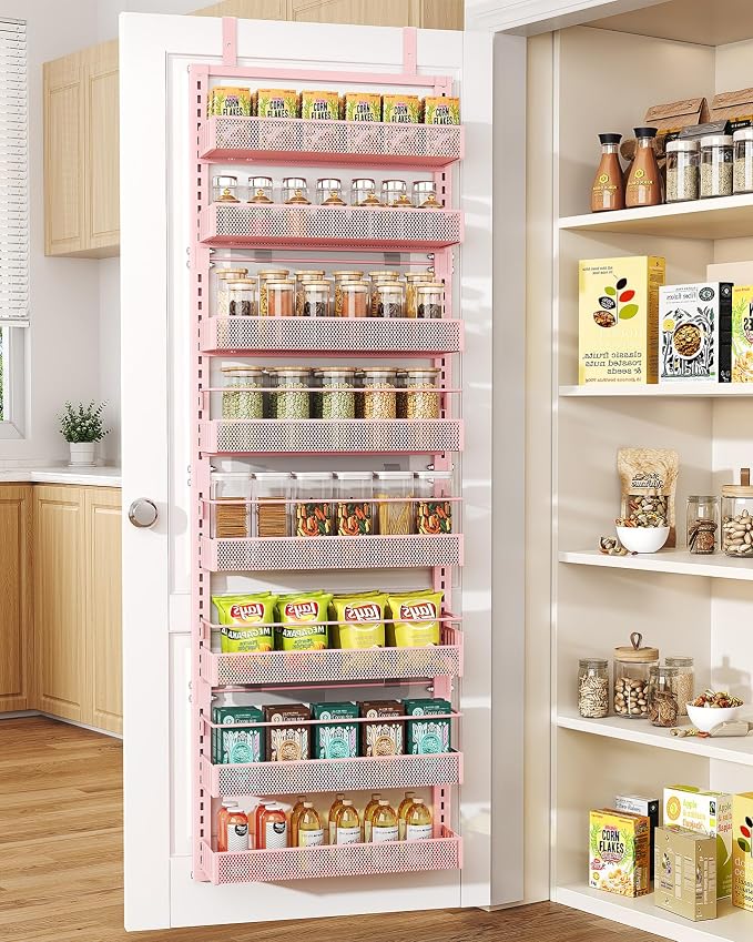 SNTD 8 Tiers Over the Door Organizer - Height Adjustable Pantry Organizers and Storage with Dense Mesh Baskets, Anti-Swing Hanging Door Spice Rack for Kitchen Bathroom (Pink, 17" W x 6" D x 69" H)