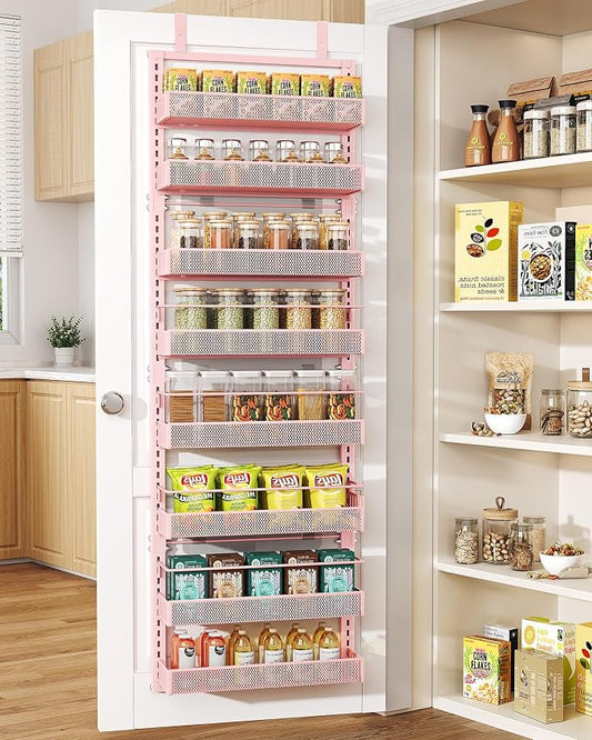 SNTD 8 Tiers Over the Door Organizer - Height Adjustable Pantry Organizers and Storage with Dense Mesh Baskets, Anti-Swing Hanging Door Spice Rack for Kitchen Bathroom (Pink, 17" W x 6" D x 69" H)