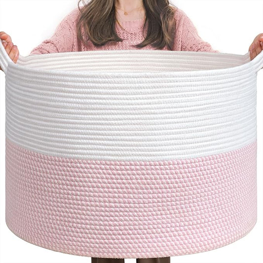 INDRESSME XXXLarge Woven Rope Blanket Basket Living Room Pink, 90L | Pink room decor woven rope basket for stuffed animal storage, toys & pillows. For girls room & nursery, soft-touch, kid-safe