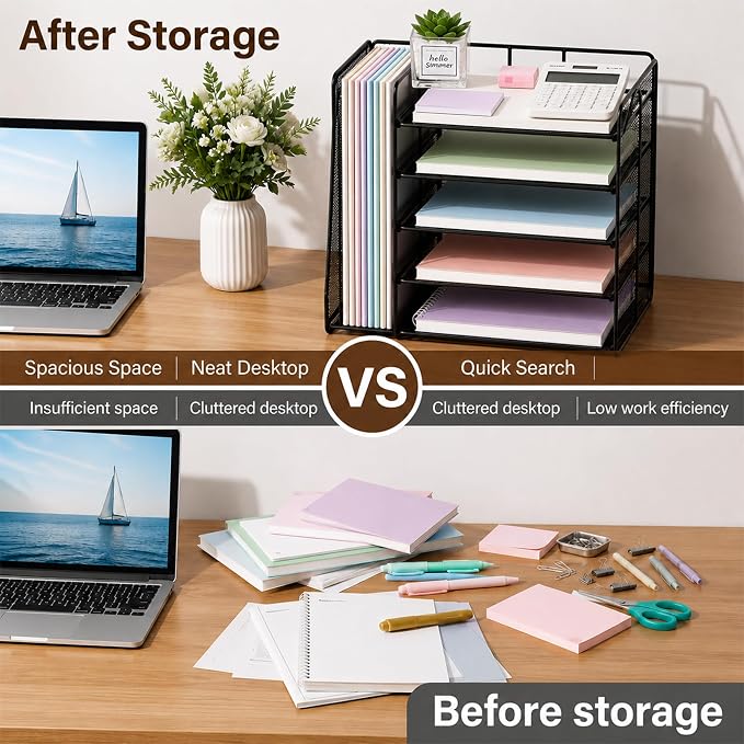 OPNICE Desk Organizers and Accessories, 5-Tier Paper Organizer Letter Tray with Magazine Holder, Office Desk Accessories & Workspace Organizers, Desktop File Organizer for Office Supplies, Black