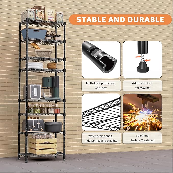M MZG 8 Tier 2000 lbs Storage Rack Metal Wire Shelving Unit, Storage Standing Shelf Organizer for Laundry Bathroom Kitchen Pantry Closet Garage Basement Utility Room, Black 13.8" D x 23.6" W x 79.5" H
