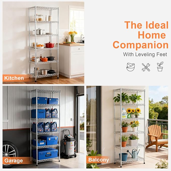 6-Tier Wire Shelving Unit,Metal Shelf Racks with Lockable Wheels,Chrome | 21.3" Wx11.4 Dx73 H,Height Adjustable Storage Shelves for Narrow Space/Laundry/Bathroom/Kitchen/Pantry/Closet