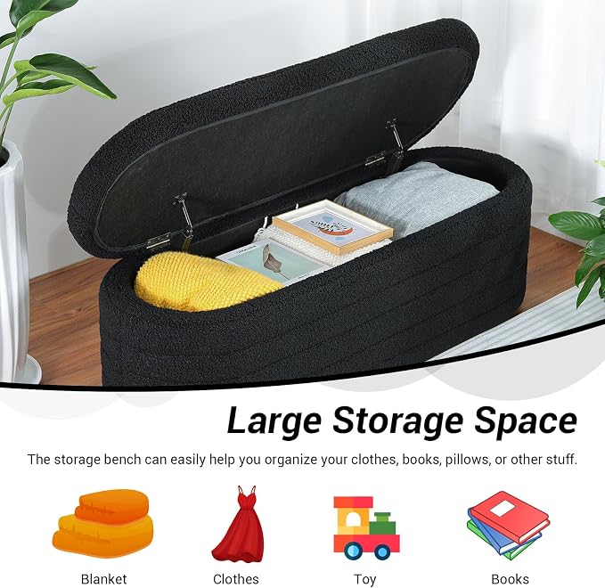 45.5" Black Ottoman with Storage, Sherpa | Upholstered Oval Design, Safety Hinge Lid, end of bed storage bench, Bedroom & Living Room, Entryway
