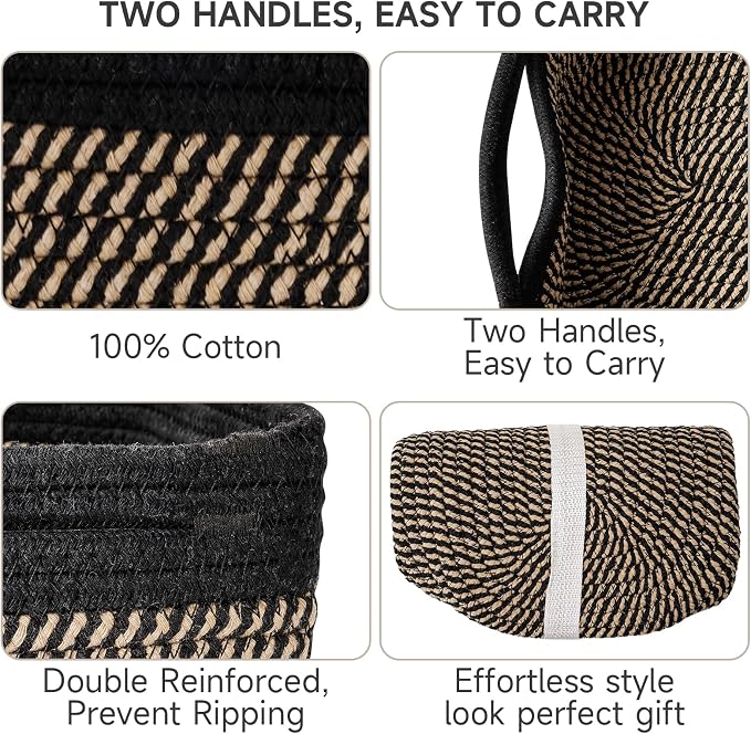 3-Pack Storage Baskets for Organizing | Woven Shelf Toy Basket | Rope Baskets for Gifts Empty | Closet Organizer Bins with Handles | Cube Decorative Box | 13.7×7.1×6.7” | Black Brown