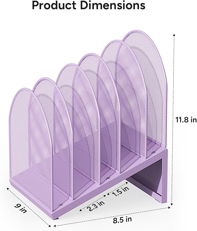 5-Section Desk File Organizer | Metal Mesh Folder Organizer for Documents, Mail & Office Papers (Purple)