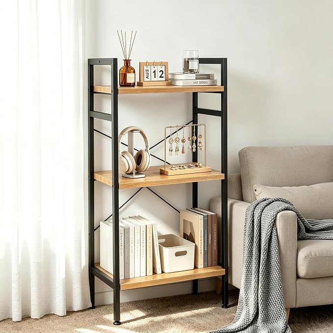HealSmart 3 Tier Bookshelf, Free Standing Book Shelf Home Office Bookcase Shelf Storage Organizer for Bedroom, Bathroom, Living Room, Office, Balcony, Wood