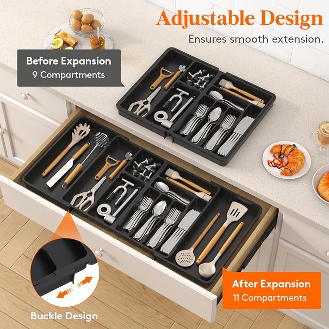 Lifewit Utensil Organizer for Kitchen Drawer, Expandable Cooking Tray | Adjustable Cutlery Flatware Holder, Plastic Silverware Spatula Tools Storage Divider, 21.3- 36 x 16.9", Black