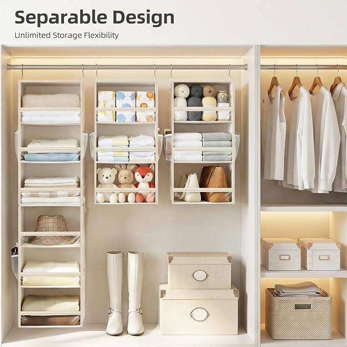 STORAGE MANIAC 6-Shelf Hanging Closet Organizer and Storage, 2 Separable 3-Shelf Haning Organizers for Closet, Collapsible Hanging Shelves Wardrobe Organization, College Dorm Room, Nursery, Beige