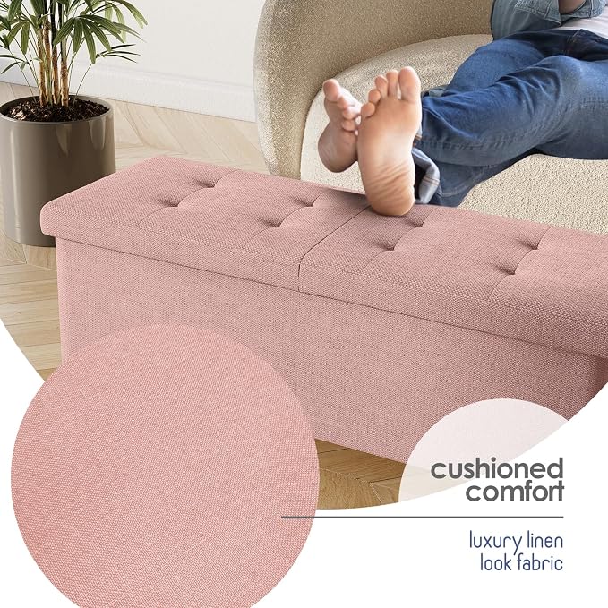 Storage Ottoman Bench with Bins, 43-in Storage Bench for Bedroom End of Bed, Folding Foot Rest Ottoman for Living Room Max 660lbs, Fabric Ottomans, Pink
