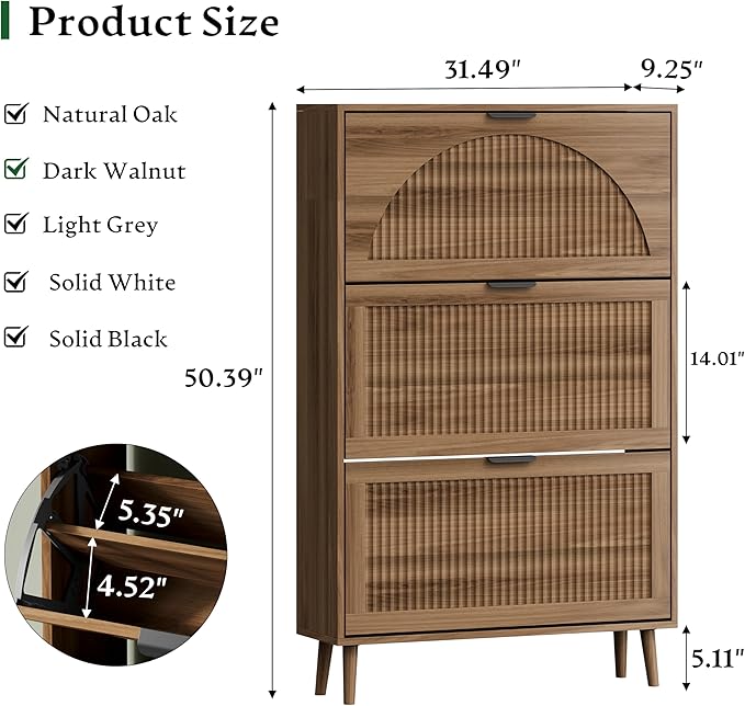 Xixini Shoe Storage Cabinet with 3 Flip Drawers, 50" Tall Narrow Wood Fluted Shoe Organizer for Entryway, Freestanding Wooden Hidden Slim Shoe Rack for Front Door Entrance, Hallway, Foyer, Dark Walnut