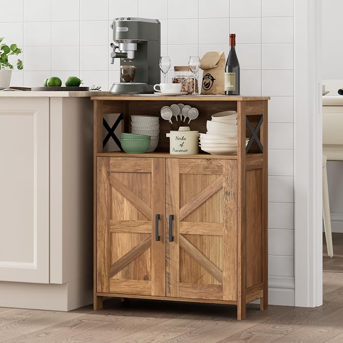 Homhedy Farmhouse Bathroom Storage Cabinet with Doors, Small Floor Cabinet | Toilet Paper Cabinet with Adjustable Shelf, Freestanding Storage Cabinet for Kitchen/Laundry/Living Room, 24"W, Rustic Walnut