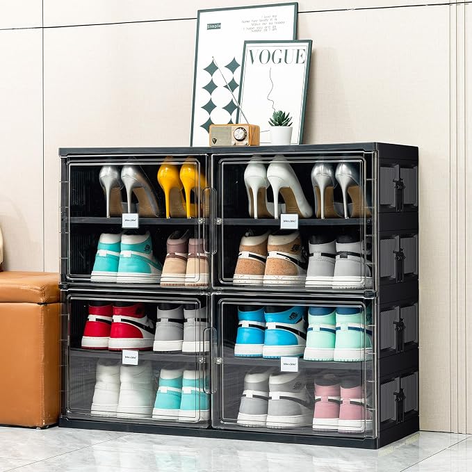 JEKO&JEKO 4 Tiers Foldable Shoe Rack Organizer Cabinet for Closet Entryway, Large Collapsible Shoe Storage Box with Magnetic Doors Fits Up to 16 Pairs (Black)