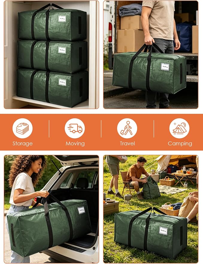 SWEET DOLPHIN 12 Pack 200LB Heavy-Duty Moving Bags with Wrap-Around Handles, Extra Large Storage Totes for Space Saving, Clothes Storage Bags, College Dorm Essentials, Green, 24 Gal