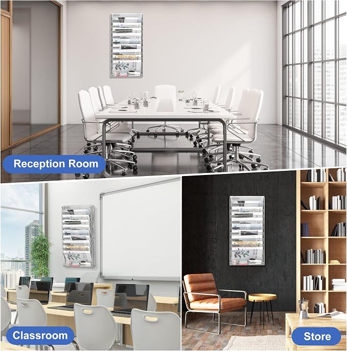 EasyPAG Wall File Holder 10 Tier Mesh Hanging Folder Organizer with Flat Tray Wall Mounted Mail Organizer Magazine Paper Desk Shelf with Nametag Label for Office Home School, Silver
