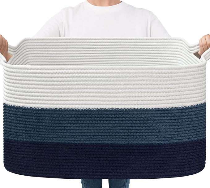 Goodpick Large Woven Rope Blanket Basket, Rectangle Storaget, Light Blue | 21.6 x 14.9 x 11.8 in, Reinforced Handles, Living Room, Bedroom & Nursery Organization, Toys, Books & Blanket Storage