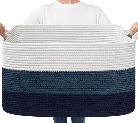 Goodpick Large Woven Rope Blanket Basket, Rectangle Storaget, Light Blue | 21.6 x 14.9 x 11.8 in, Reinforced Handles, Living Room, Bedroom & Nursery Organization, Toys, Books & Blanket Storage