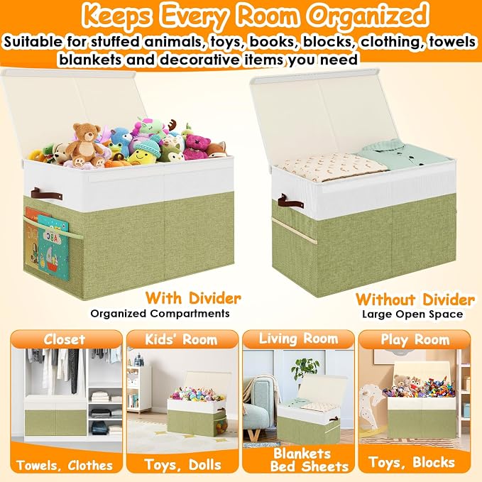 Large Toy Storage Box with Lid, Toy Chest with Divider, Foldable Organizer | PP Board Reinforced Toy Storage Box for Kids, Boys, Girls, Playroom, Nursery and Bedroom for Toys, Stuffed Animals & Blankets