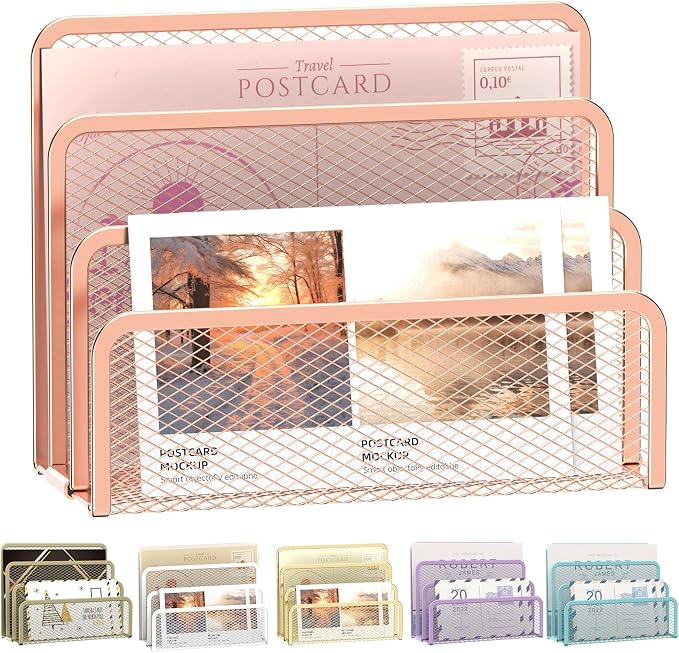 Mail Organizer Countertop for Desk, Mail File Holder with 3-Slot, Rose Gold | Metal Mesh Mail Sorter for Letters, Envelopes, Bills, and Files for Home Offices, Classroom Organization