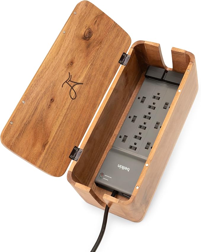 Extra Large Cable Management Box - Acacia Wood - Cable Organizer Box and Power Strip Box for Electrical Cord Management - Hide Desk Cord and Floor Cables - Wire Storage and Organization for Cords | Acacia Wood, Cable Organizer, Rustic Style, Modern Des...