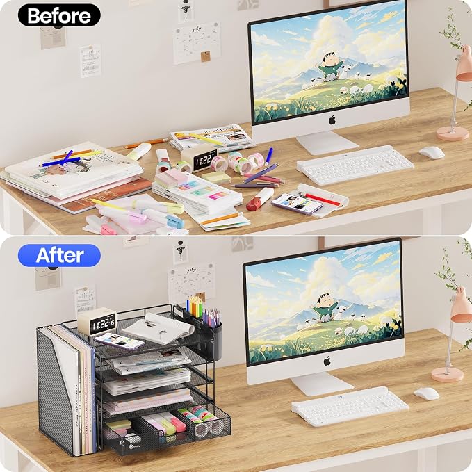 OPNICE Desk Organizer, 5-Tier Desktop File Organizer with Drawer and Pen Holders, Office Desk Accessories, File Sorters, Workspace Organizers for Office Supplies(Black)