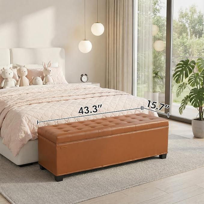 ABHENG 43.5”W Metal Frame end of Bed Storage Ottoman Bench UASND624Z | hold up to 770 LB,100L of Storage space,Water proof Synthetic Leather Cover ,43.5”W x 15.7”D x 15.7”H, Window entryway bench