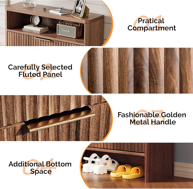 VINGLI Walnut Slim Shoe Cabinet for Entryway, Curved Hidden Shoe Storage Cabinet with 2 Flip Drawers & Open Shelf, Modern Narrow Shoe Organizer with Fluted Panel & Anti-Tip Kit, 32.7" W, Dark Wood