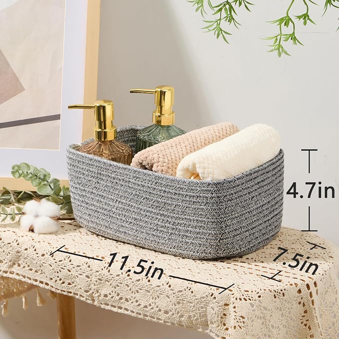 MiniArk Small Storage Baskets for Organizing | Closet Organizer Bins | Shelf Toy Basket | Woven Rope Baskets | Cube Decorative Box | Shallow Basket | 11.5x7.5x4.7” | 4 Packs Mixed Grey