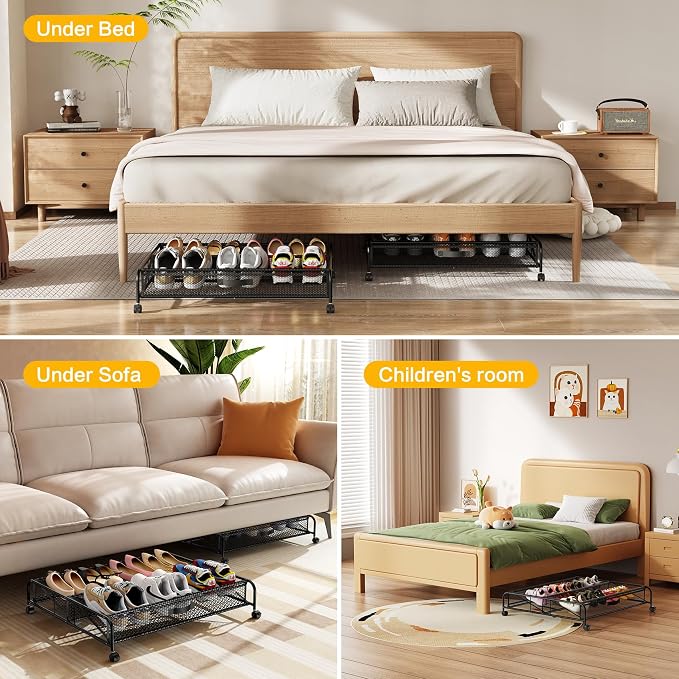 Under Bed Shoe Storage Organizer, 2 Pack Under Bed Storage Containers with Wheels for Under Bed Shoe Organizer Drawer Space Saving for bedroom