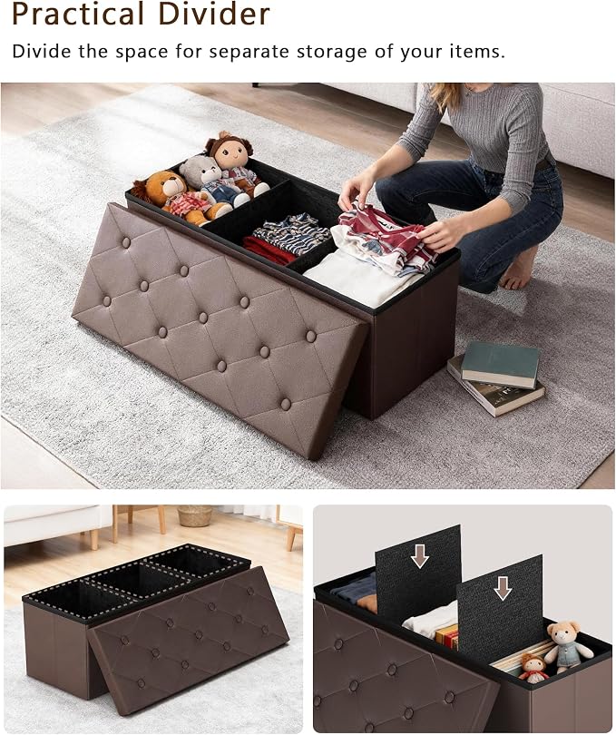 GLAXYFUR 43" Storage Ottoman Bench, Folding Ottoman with 2 Dividers, Brown | End of Bed Bench, PU Leather Foot Rest, Storage Chest for Living Room, Bedroom and Entryway