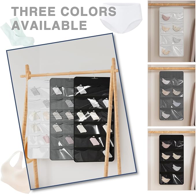 26-Pocket Hanging Closet Organizer for Socks and Underwear, Dark Gray | Non-woven clear compartments keep bras & leggings visible; swivel hook fits wardrobe, closet rod, wall, door or shelves.