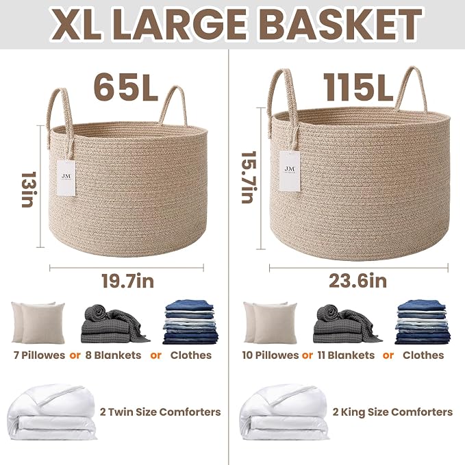 JMvicyroam 65L Extra Large Blanket Basket for Living Room - Woven Cotton Rope Laundry Hamper with Reinforced Handles - Storage Bin for Pillows, Comforters & Toys - Machine Washable,Oatmeal